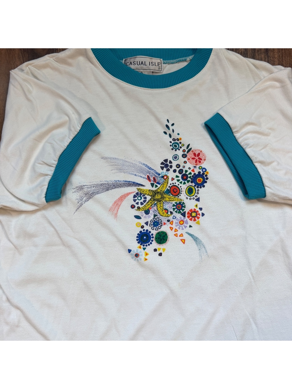 Vintage 80s 90s Abstract Beach Ringer T Shirt Starfish XL White Casual Isle